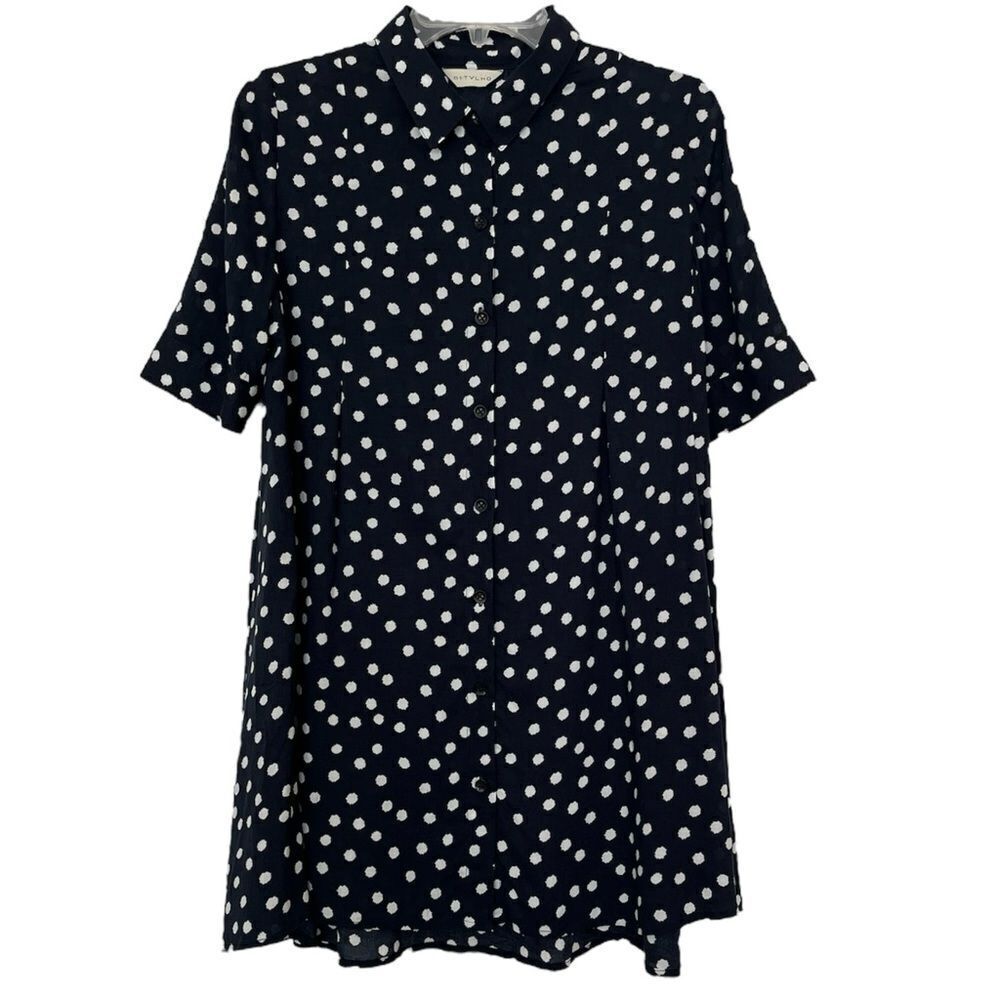 11.1 TYLHO Anthropologie Rayon Tunic Swing Top Button Up Shirt Polka Dot Small